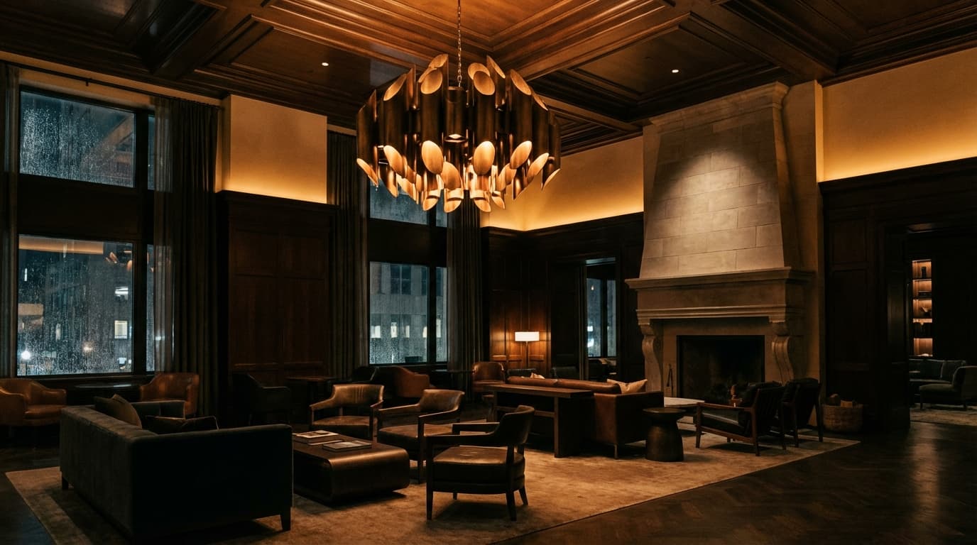 Luxury hotel lobby with warm ambient lighting and sophisticated atmosphere