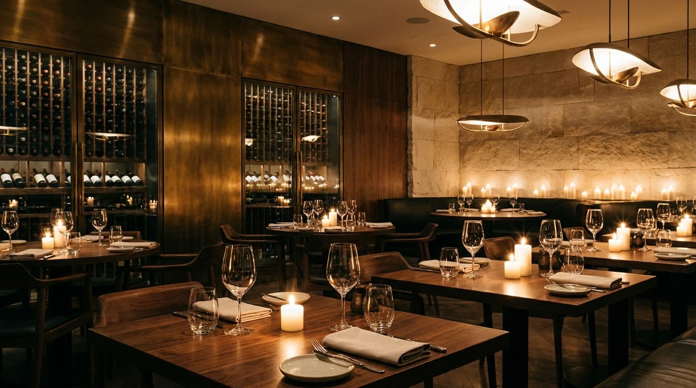 Upscale restaurant interior with warm lighting and curated ambiance